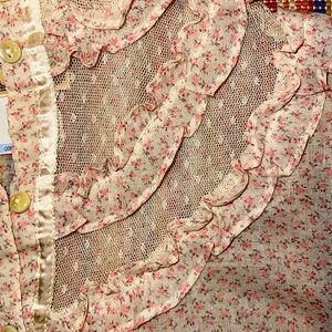 Vintage 70s Gunne Prairie Ivory and Pink Floral and Lace Dress Skirt Set